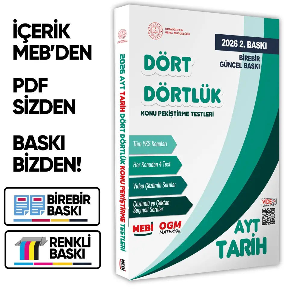 2026 YKS-AYT MEBİ-OGM Dört Dörtlük Tarih Pekiştirme Testi A4 Renkli Soru Bankası BASKI ÜCRETİ