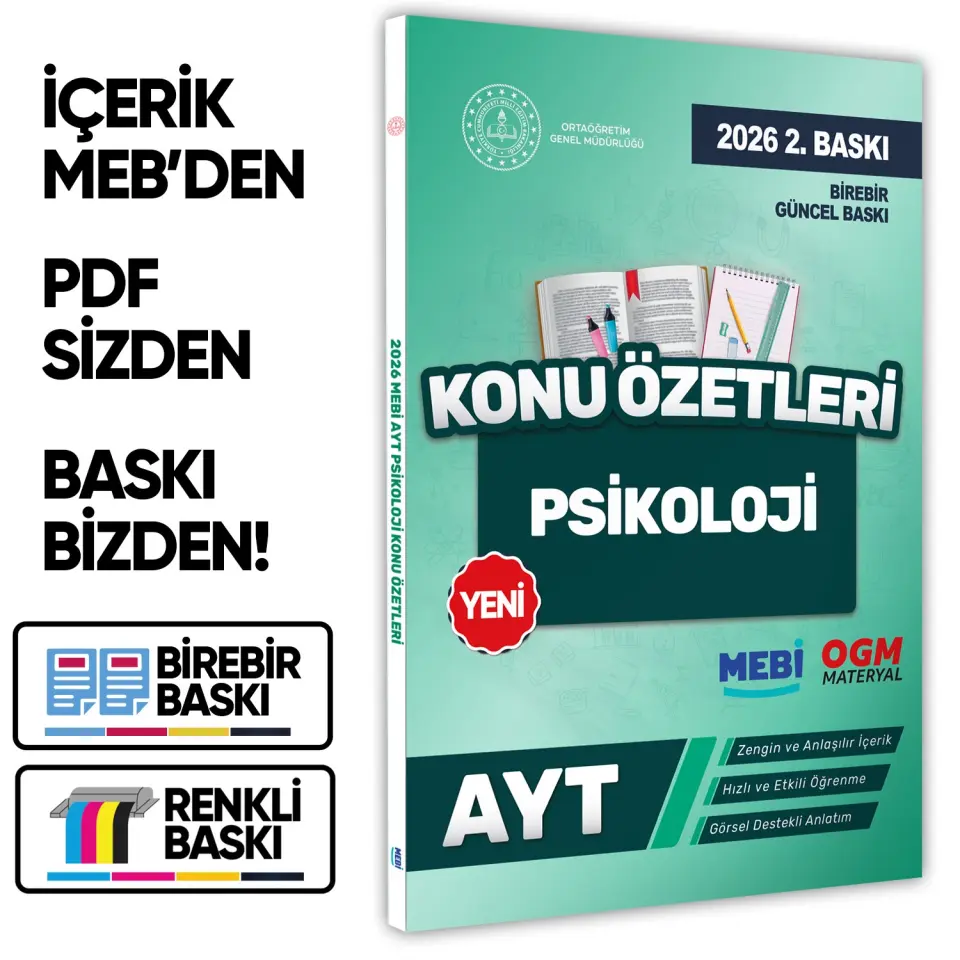 2026 YKS-AYT MEBİ-OGM Psikoloji Pratik Konu Özet Kitabı RENKLİ A4 Boyut Görsel Destekli BASKI ÜCRETİ