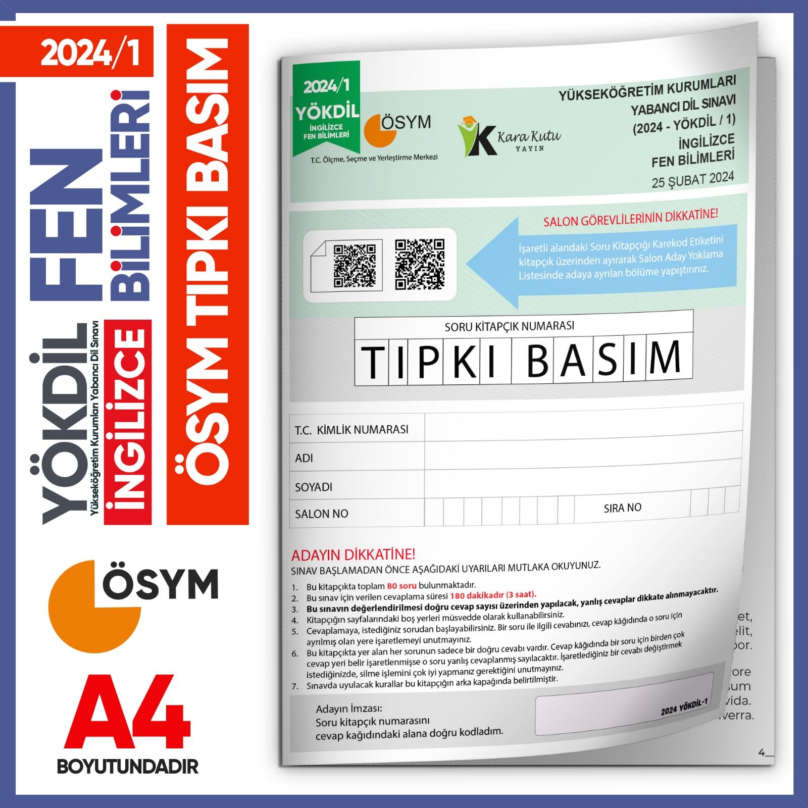 2024/1 YÖKDİL İngilizce FEN BİLİMLERİ ÖSYM Çıkmış Soru Tıpkı Basım Deneme Kitapçığı Türkiye Geneli