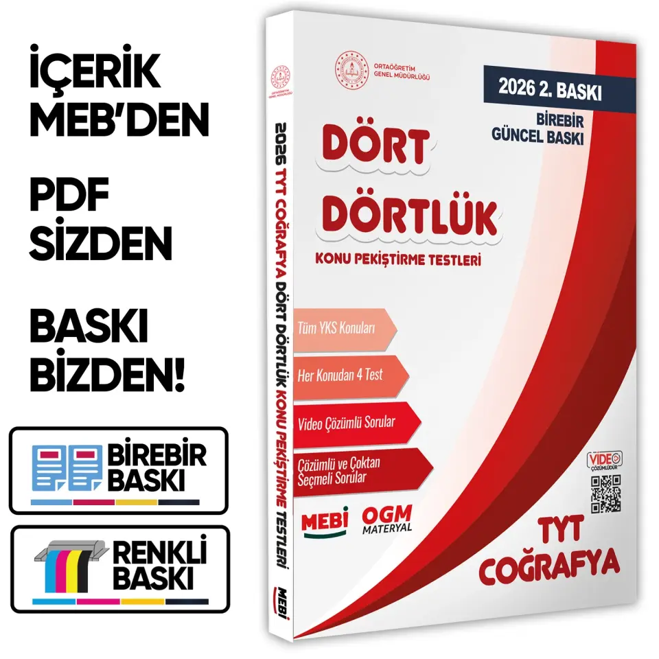 2026 YKS-TYT MEBİ-OGM Dört Dörtlük Coğrafya Pekiştirme Testi Renkli Soru Bankası BASKI ÜCRETİ