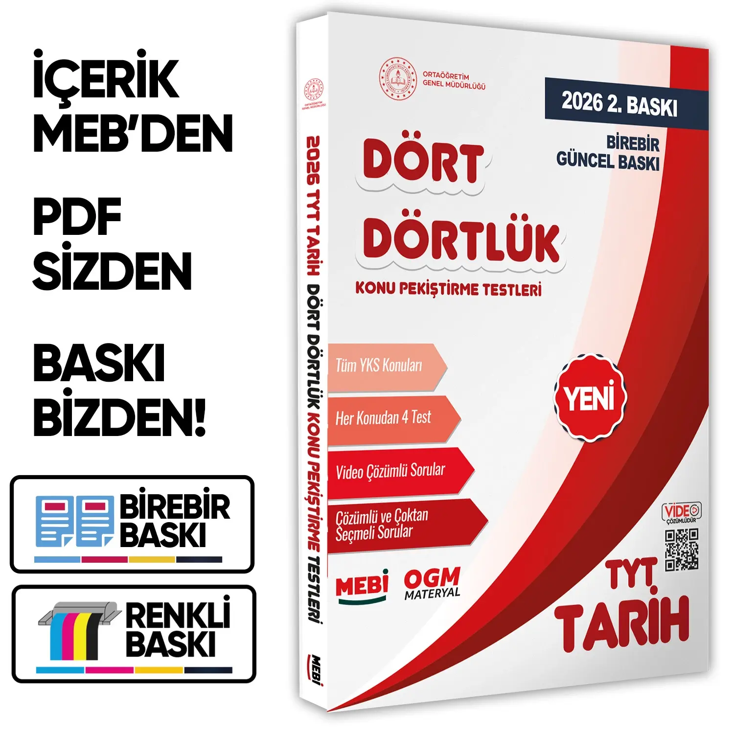 2026 YKS-TYT MEBİ-OGM Dört Dörtlük Tarih Pekiştirme Testi A4 Renkli Soru Bankası BASKI ÜCRETİ