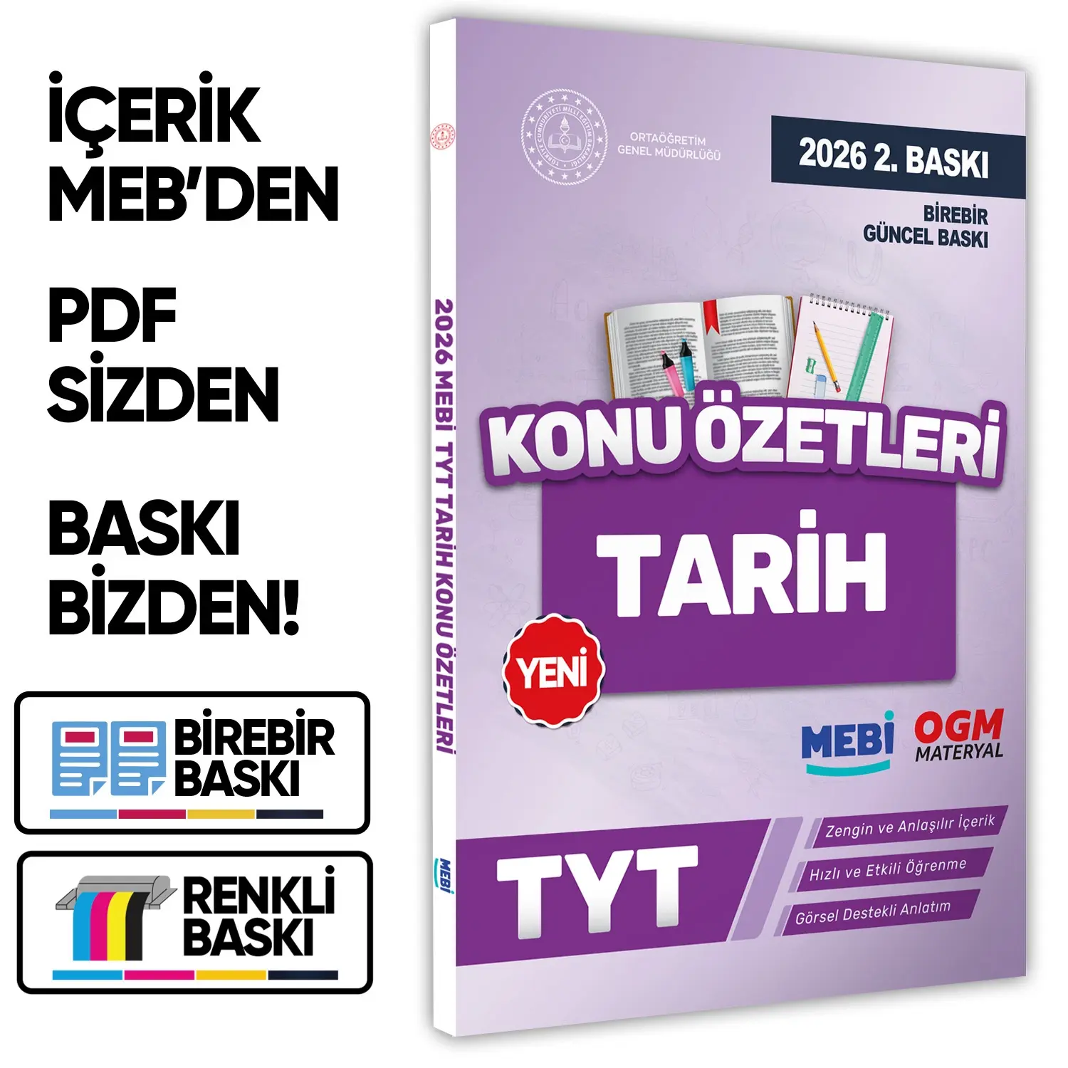 2026 YKS-TYT MEBİ-OGM Tarih Pratik Konu Özet Kitabı RENKLİ A4 Boyut Görsel Destekli BASKI ÜCRETİ