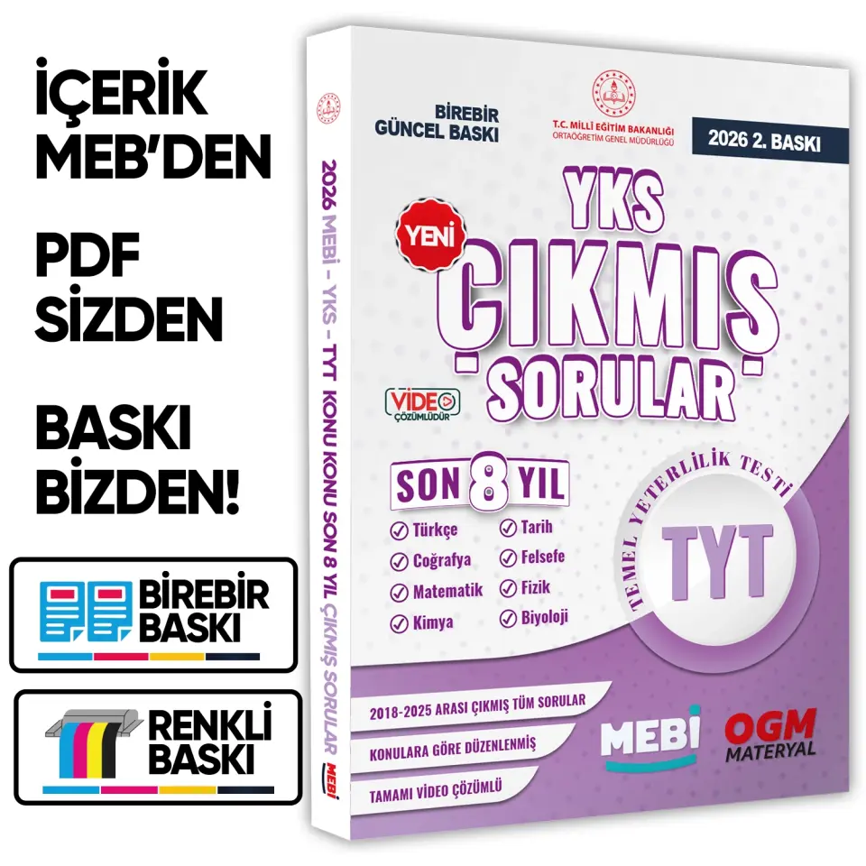 2026 YKS-TYT Tüm Dersler MEBİ Yeni Nesil Çıkmış Soru Bankası Son 8Yıl Video/PDF Çözümlü BASKI ÜCRETİ