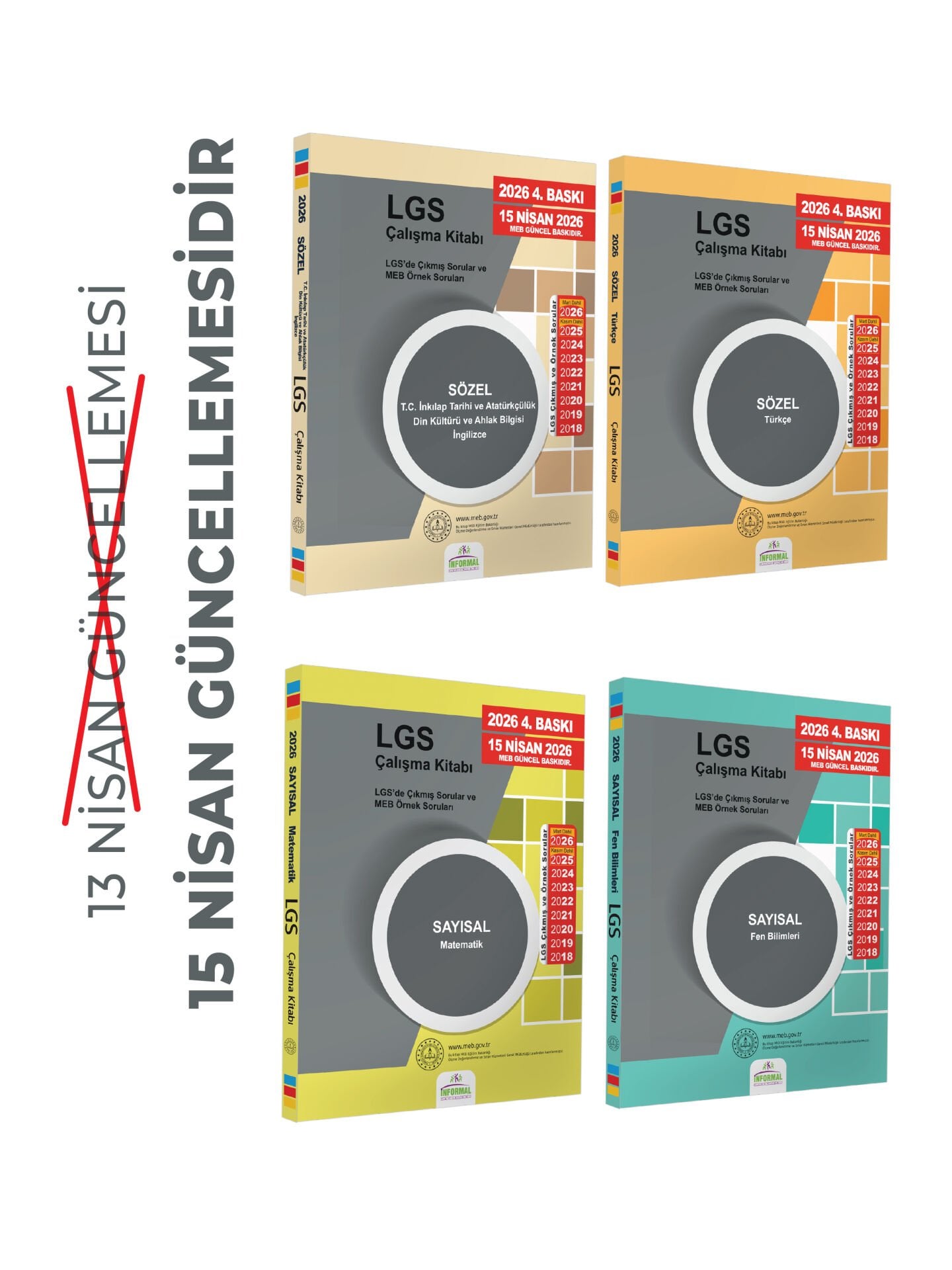 2026(Nisan Güncellemesi dahil)8.Sınıf LGS Çıkmış Soru ve MEB Örnek Soruları Çalışma Kitabı 4lü SET RENKLİ A4 Boyut