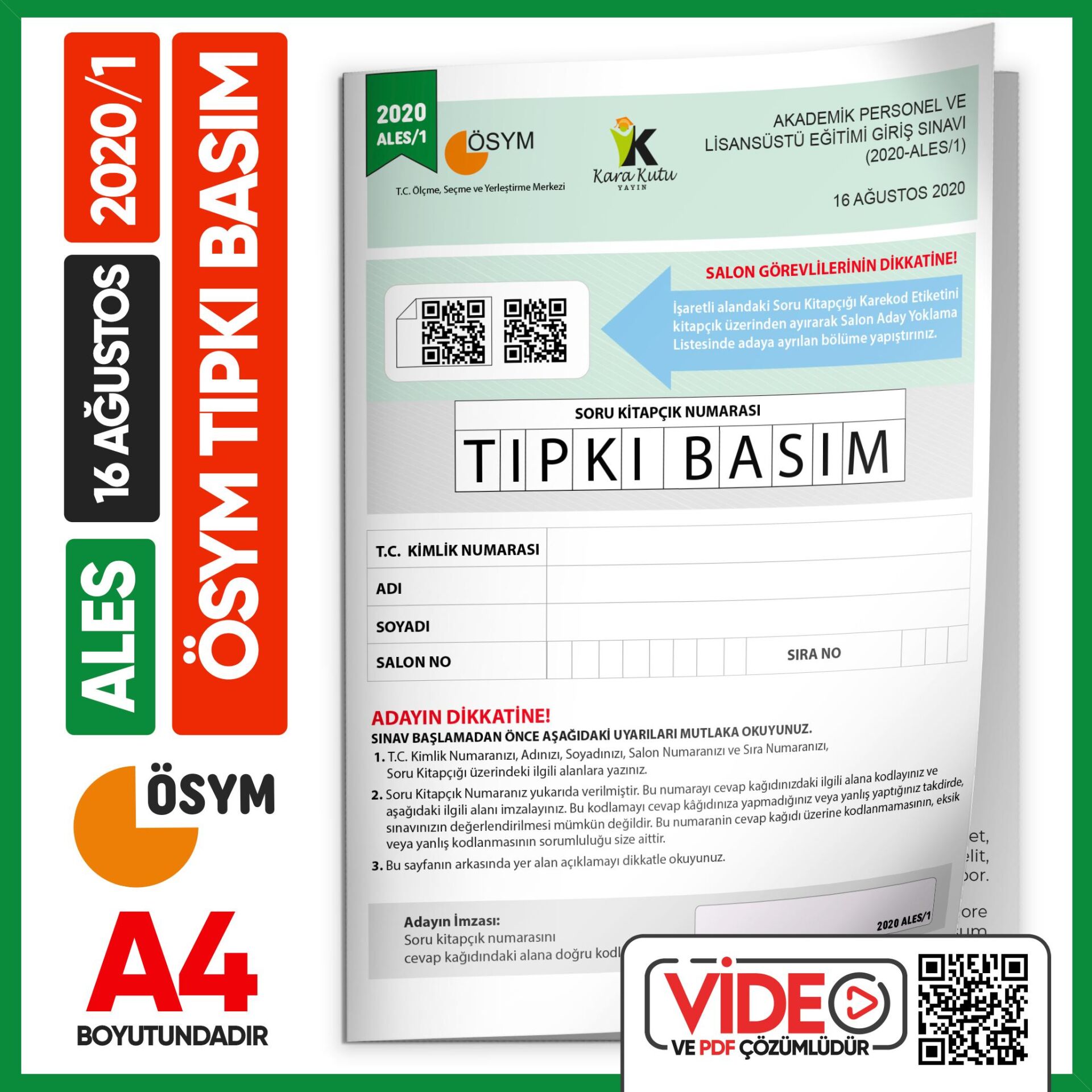 ALES 2020/1 ÖSYM Tıpkı Basım Çıkmış Soru Deneme Kitapçığı Video/PDF Çözümlü Türkiye Geneli