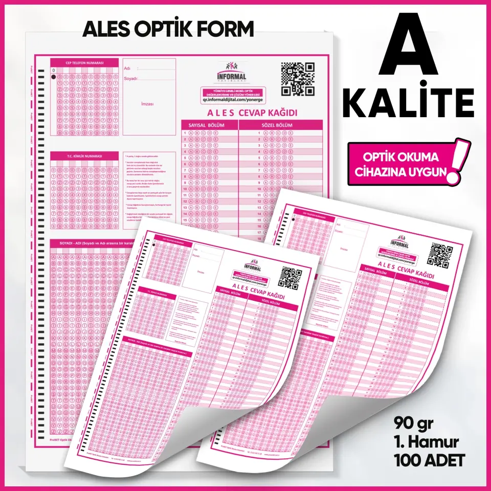 ALES Deneme Sınavları İçin 100 Adet (90.GR) Optik Form - Optik Okuma Uyumlu