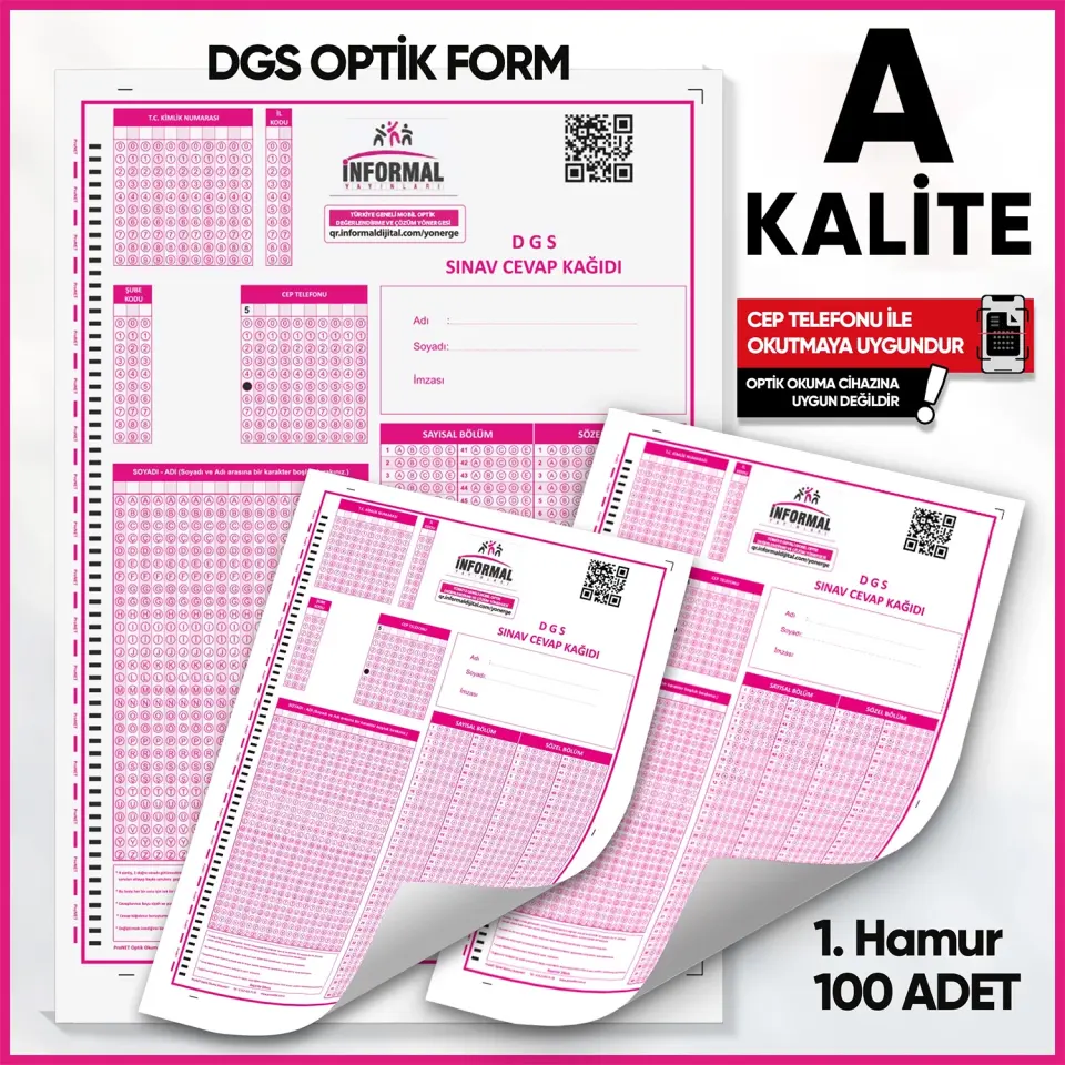 DGS Deneme Sınavları İçin 100 Adet Optik Form