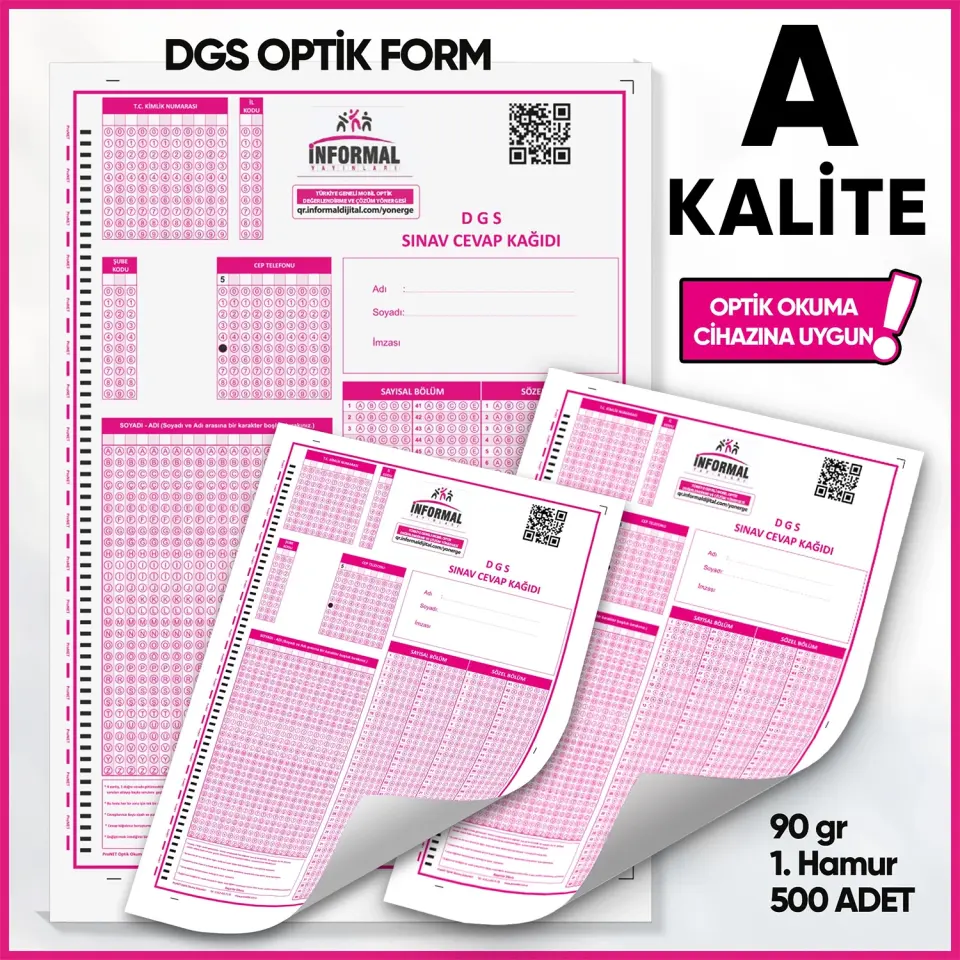 DGS Deneme Sınavları İçin 500 Adet (90.GR) Optik Form - Optik Okuma Uyumlu