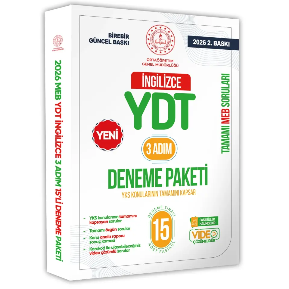 2026 3 Adım YKS-YDT İngilizce MEBİ Özgün Sorular 15li Deneme Kitapçığı Video Çözümlü BASKI ÜCRETİ