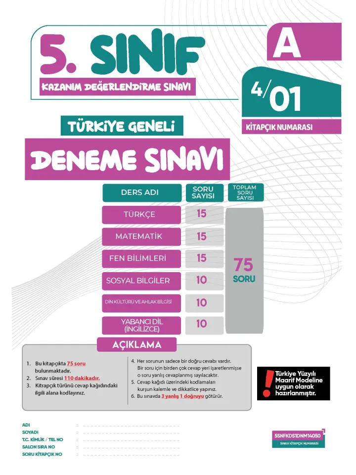 2026 5.Sınıf Yeni Sistem KDS SARMAL Deneme Paketi 4lü Türkiye Geneli D.Çözümlü Hızlı Tosbik Yayın