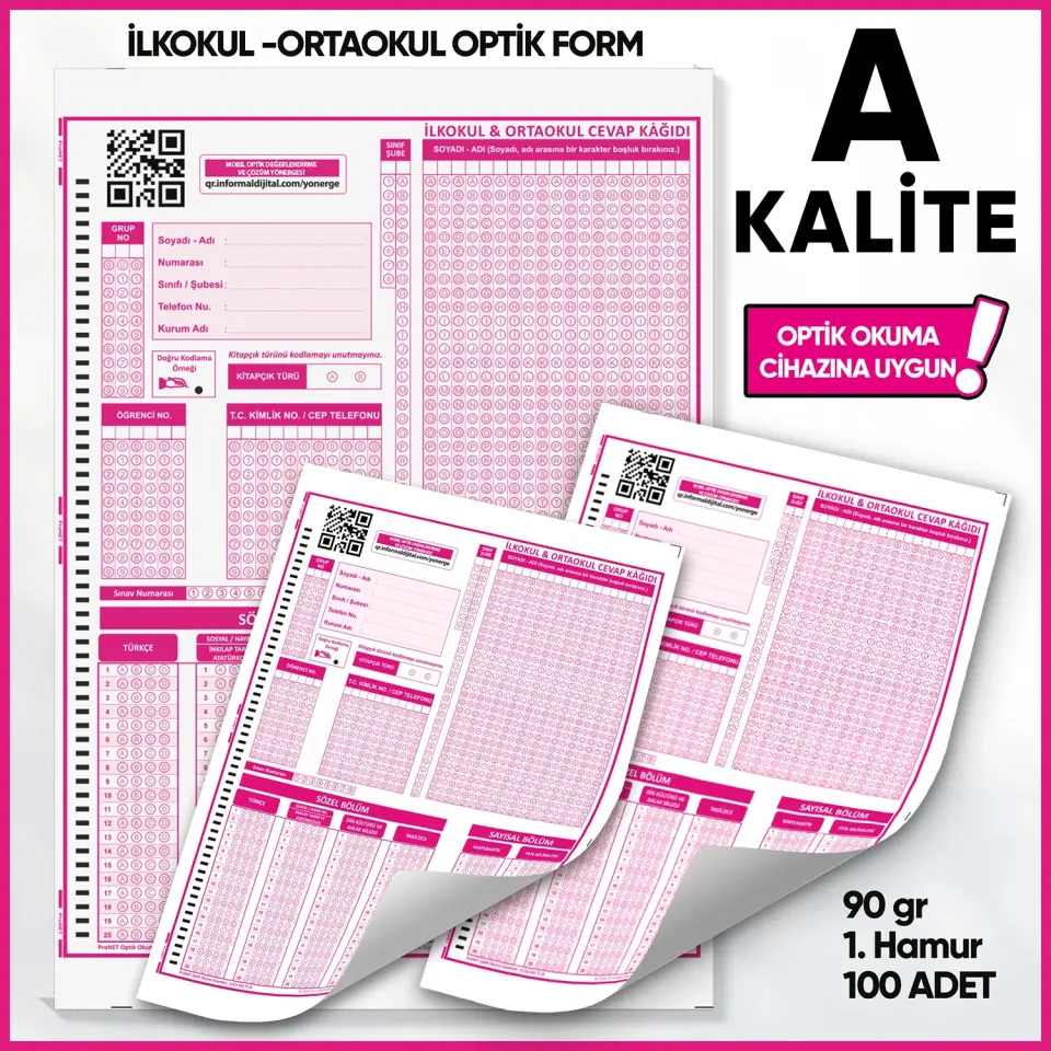 İlkokul-Ortaokul Deneme Sınavları İçin 100 Adet (90.GR) Optik Form - Optik Okuma Uyumlu
