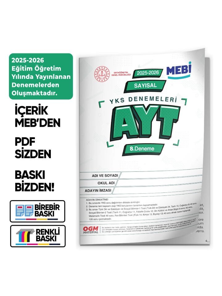 2026 ÖSYM YKS-AYT SAYISAL MEB ONLİNE Türkiye Geneli 8. Deneme Büyük Boy RENKLİ BASKI ÜCRETİ