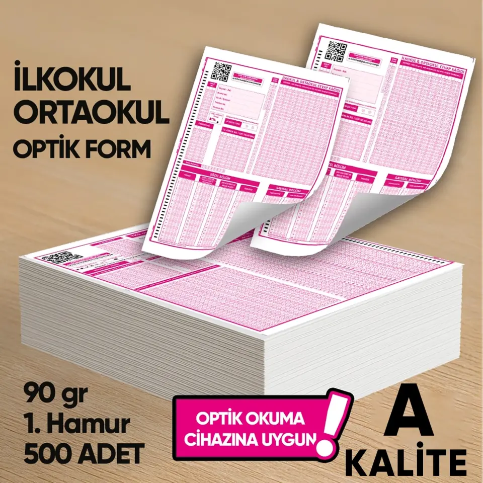 İlkokul-Ortaokul Deneme Sınavları İçin 500 Adet (90.GR) Optik Form - Optik Okuma Uyumlu