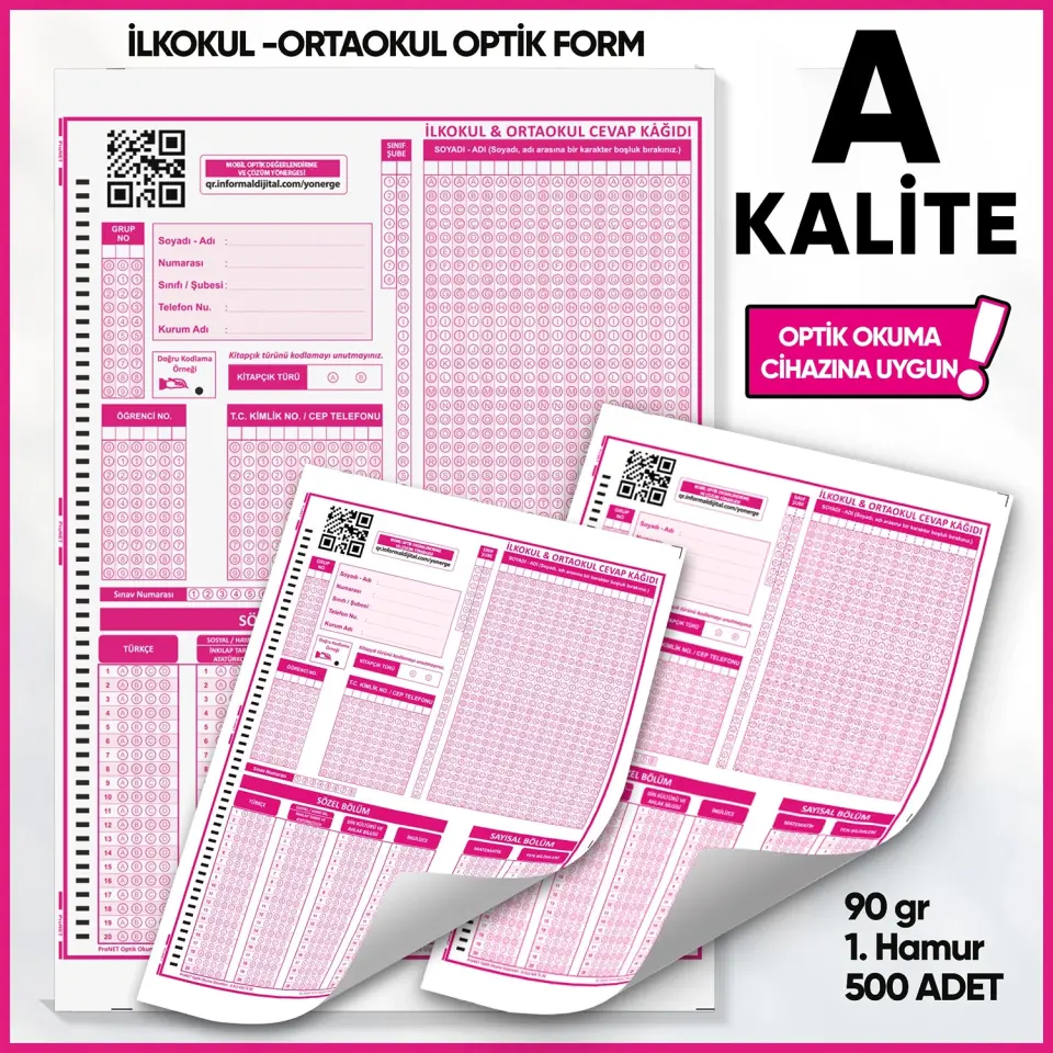 İlkokul-Ortaokul Deneme Sınavları İçin 500 Adet (90.GR) Optik Form - Optik Okuma Uyumlu