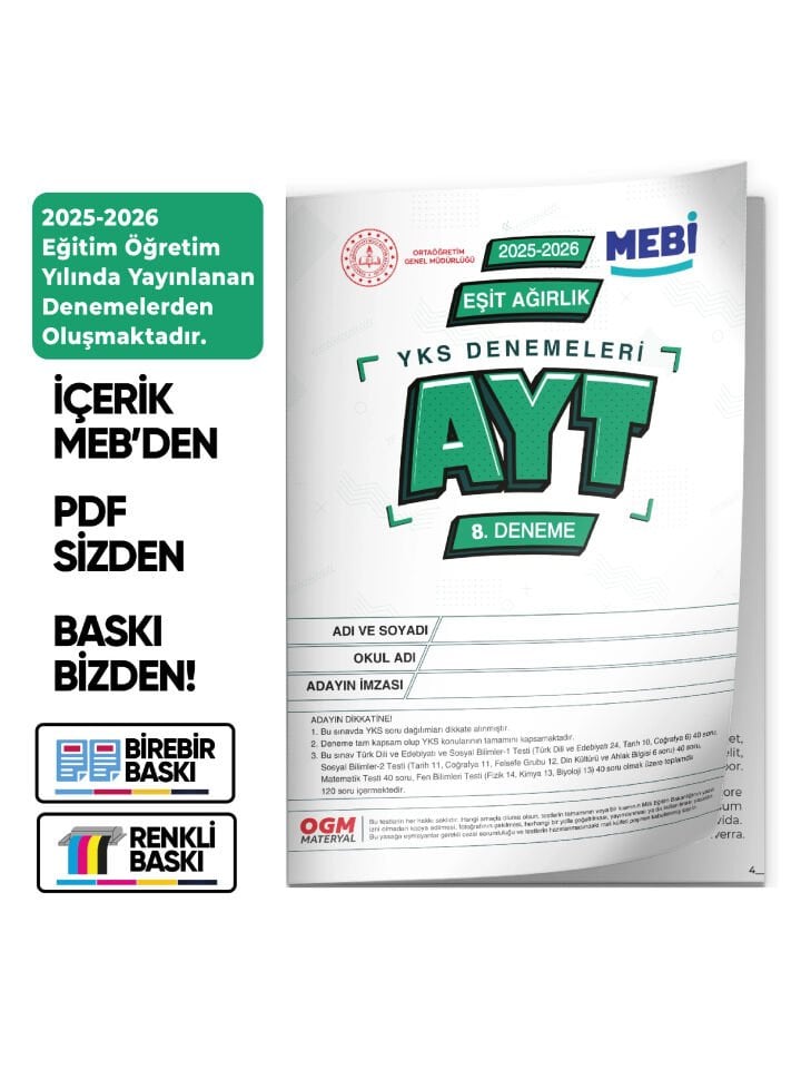 2026 ÖSYM YKS-AYT EŞİT AĞIRLIK MEBİ ONLİNE Türkiye Geneli 8. Deneme Büyük Boy Renkli BASKI ÜCRETİ