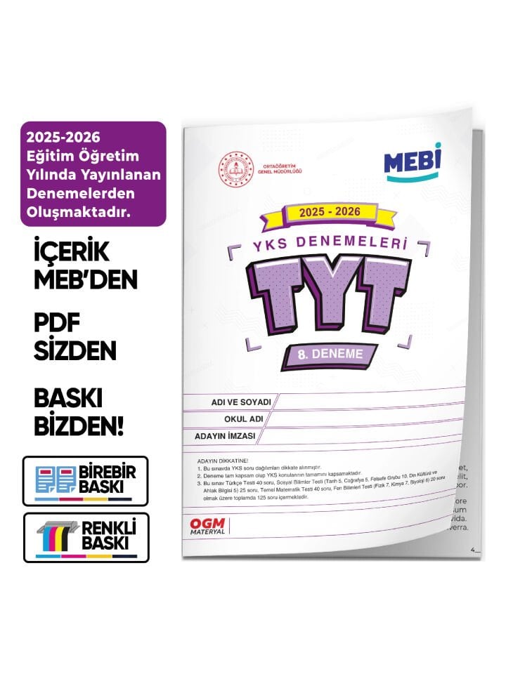 2026 ÖSYM YKS-TYT MEB ONLİNE Türkiye Geneli 8. Deneme  Büyük Boy Renkli BASKI ÜCRETİ