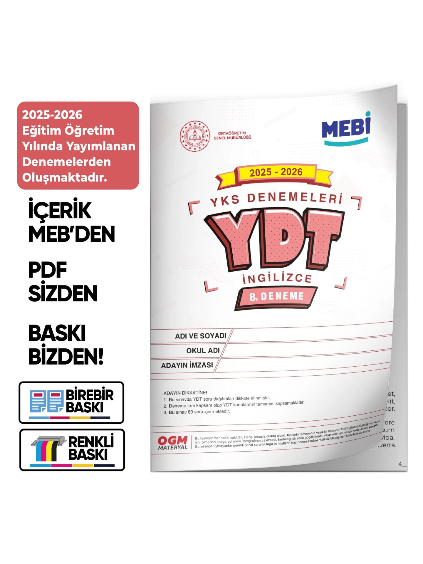 2026 ÖSYM YKS-YDT MEBİ OGM  Türkiye Geneli 8. Deneme  Büyük Boy Renkli BASKI ÜCRETİ