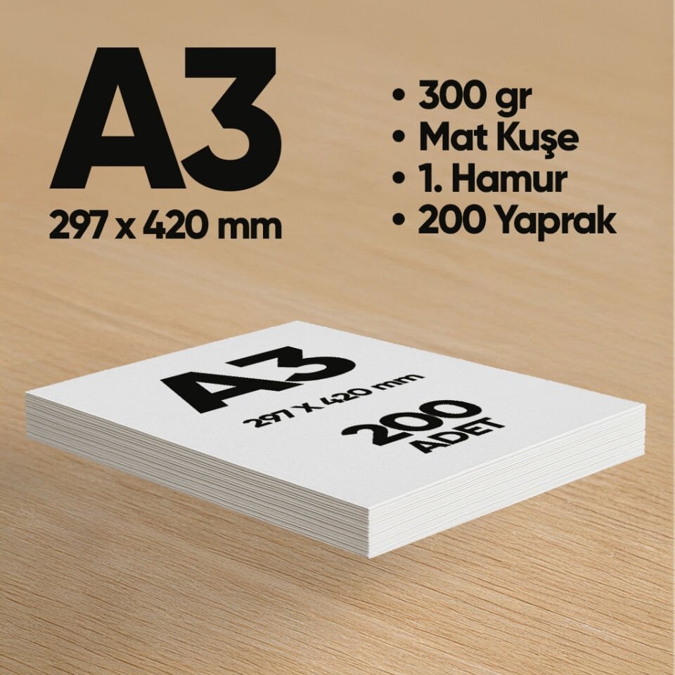 İnformal Baskı Kağıdı Premium Kalite A3 300 gr Mat Kuşe(Mürekkep püskürtmeli için) 200 Adet 1.Hamur