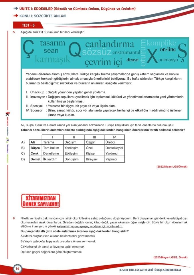 2026 8.Sınıf Full LGS Altın Seri (FULAS) TÜRKÇE MEB Çıkmış Soru Bankası Modüler Seti PDF/Video Çözümlü