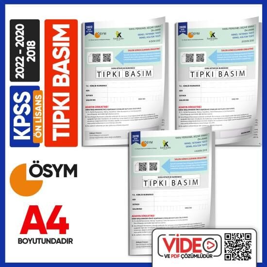 KPSS Önlisans 2018-2020-2022 ÖSYM Tıpkı Basım Çıkmış Soru 3 Kitapçık Seti Video/PDF Çözümlü TG