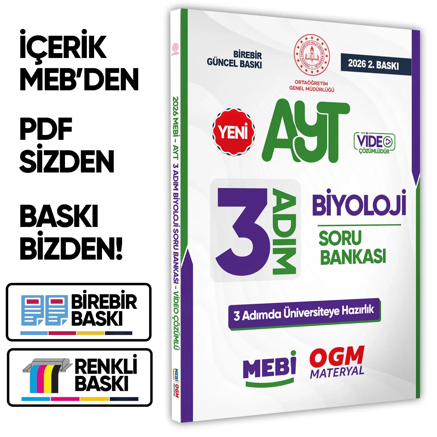 2026 AYT MEBİ-OGM 3 ADIM Biyoloji Soru Bankası RENKLİ A4 Boyut Video Çözümlü BASKI ÜCRETİ