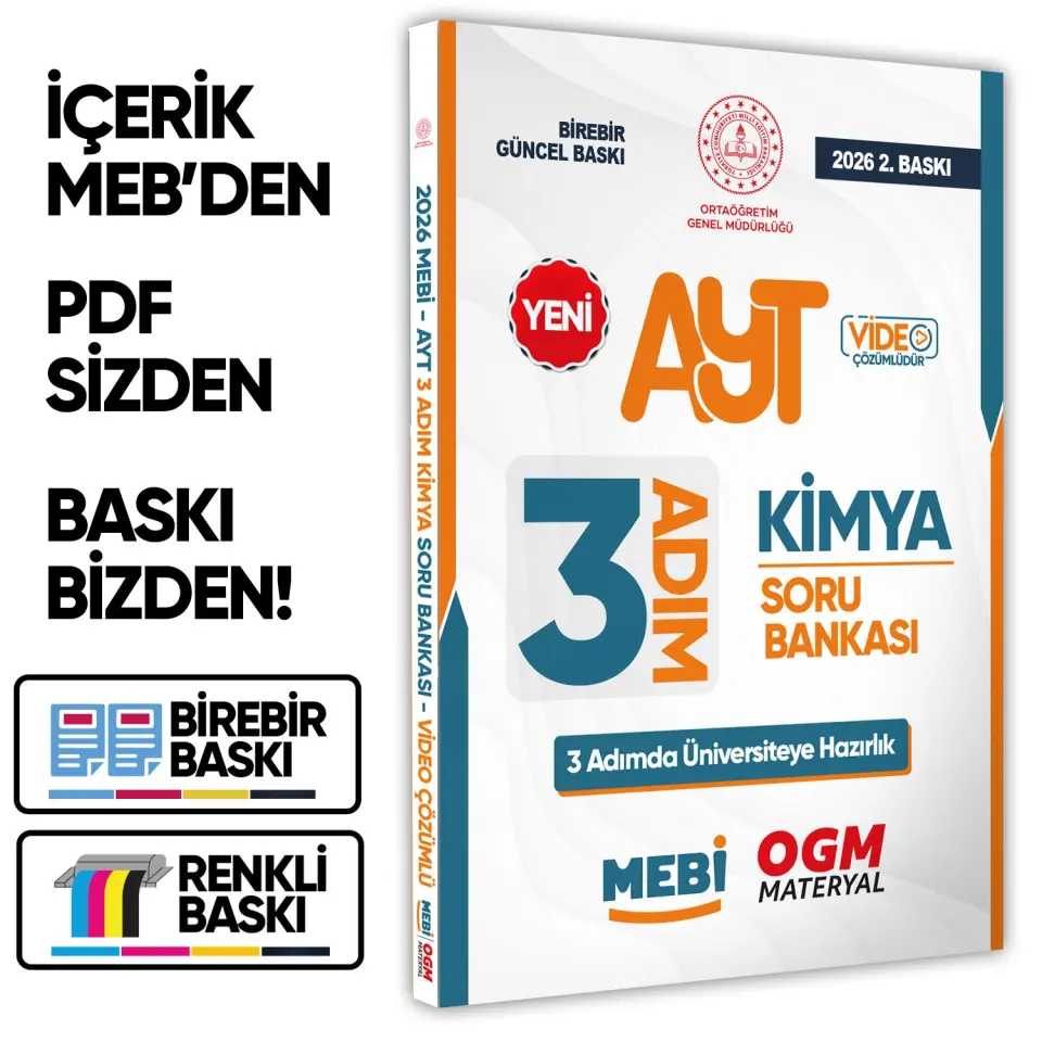 2026 AYT MEBİ-OGM 3 ADIM Kimya Soru Bankası RENKLİ A4 Boyut Video Çözümlü BASKI ÜCRETİ