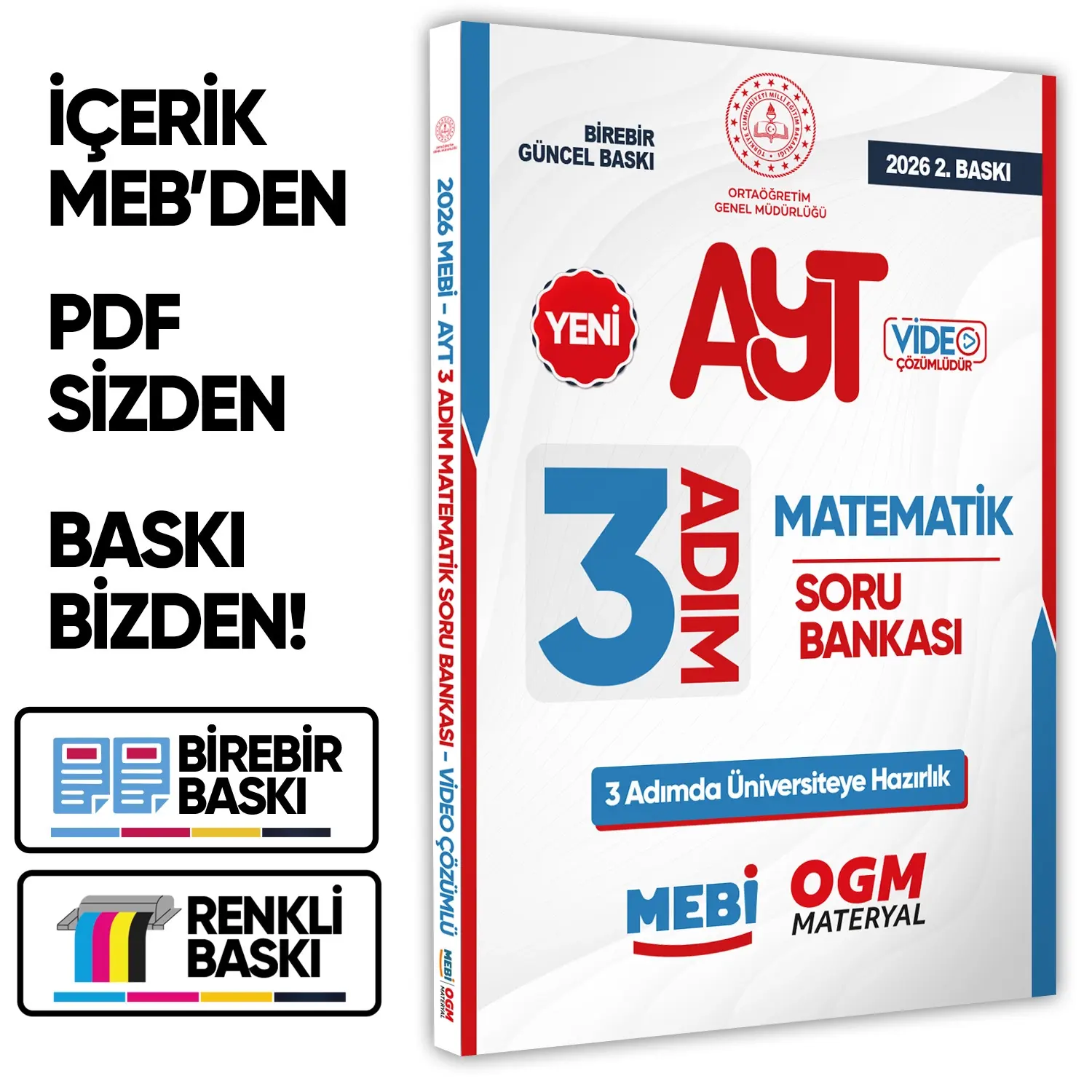 2026 AYT MEBİ-OGM 3 ADIM Matematik Soru Bankası RENKLİ A4 Boyut Video Çözümlü BASKI ÜCRETİ
