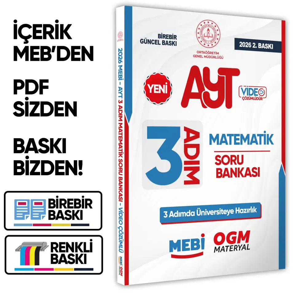 2026 AYT MEBİ-OGM 3 ADIM Matematik Soru Bankası RENKLİ A4 Boyut Video Çözümlü BASKI ÜCRETİ