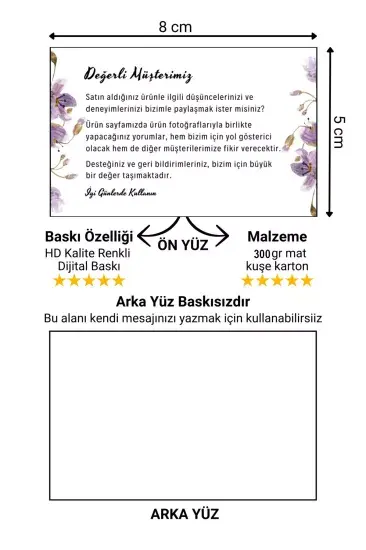 Müşteri Deneyimi ve Yorum Artırıcı Teşekkür Kartı 500 adet 8 cmx5 cm Yüksek Kaliteli 300 gr Kuşe