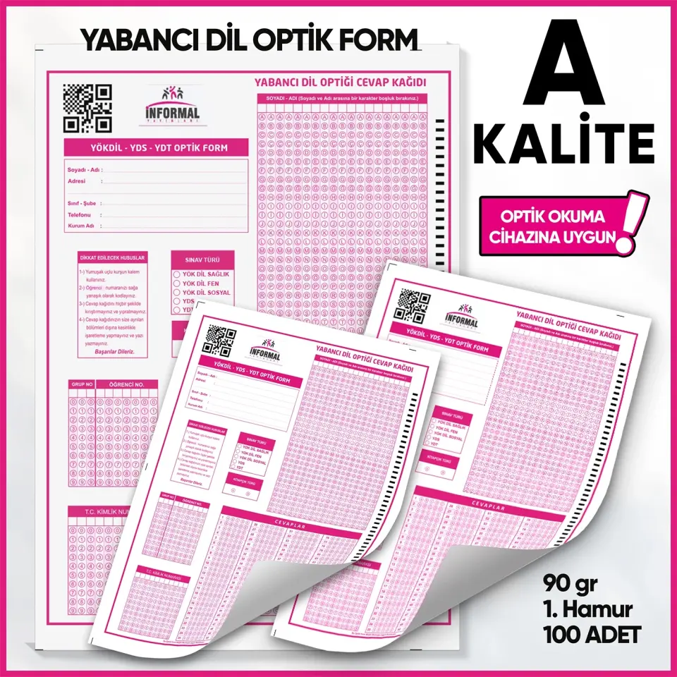 Yabancı Dil (YÖKDİL, YDS ve YDT) Deneme Sınavları İçin 100 Adet (90.GR) Optik Form - Optik Okuma Uyumlu