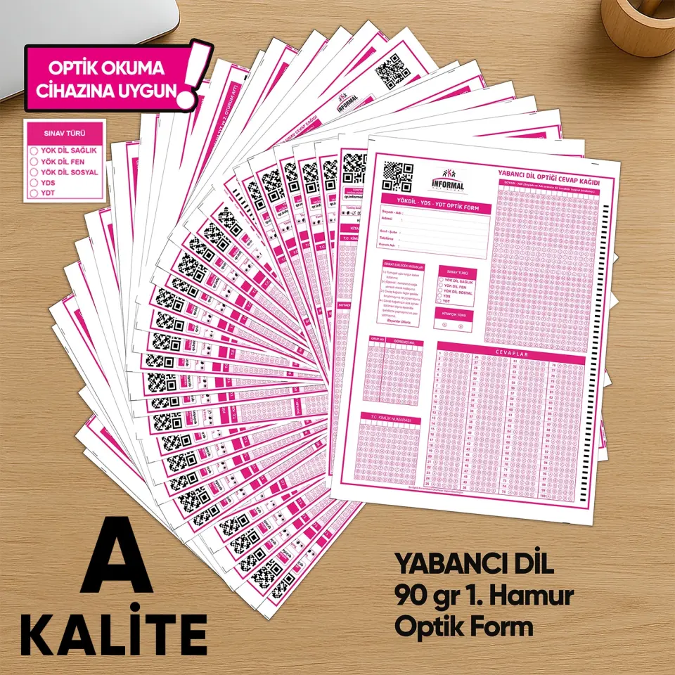 Yabancı Dil (YÖKDİL, YDS ve YDT) Deneme Sınavları İçin 100 Adet (90.GR) Optik Form - Optik Okuma Uyumlu