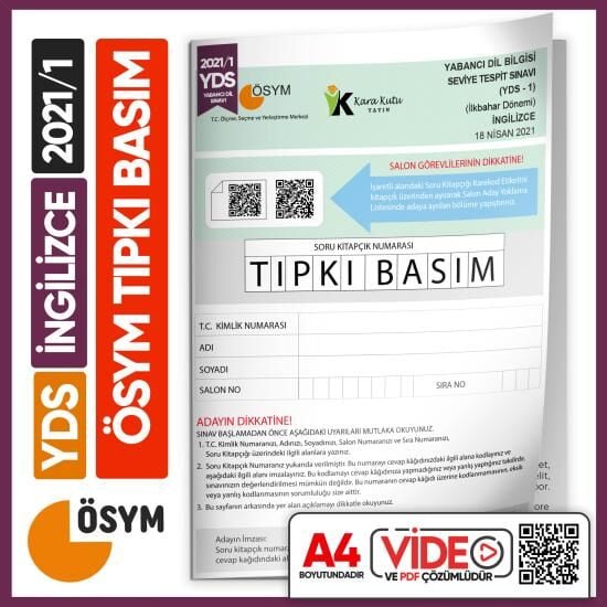 YDS 2021/1 ÖSYM Tıpkı Basım Çıkmış Soru Deneme Kitapçığı Video Çözümlü Türkiye Geneli