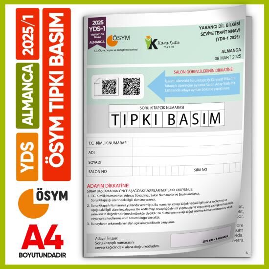 YDS Almanca 2025/1 Yabancı Dil Sınavı ÖSYM Tıpkı Basım Çıkmış Soru Deneme Kitapçığı (e-YDS uygun)