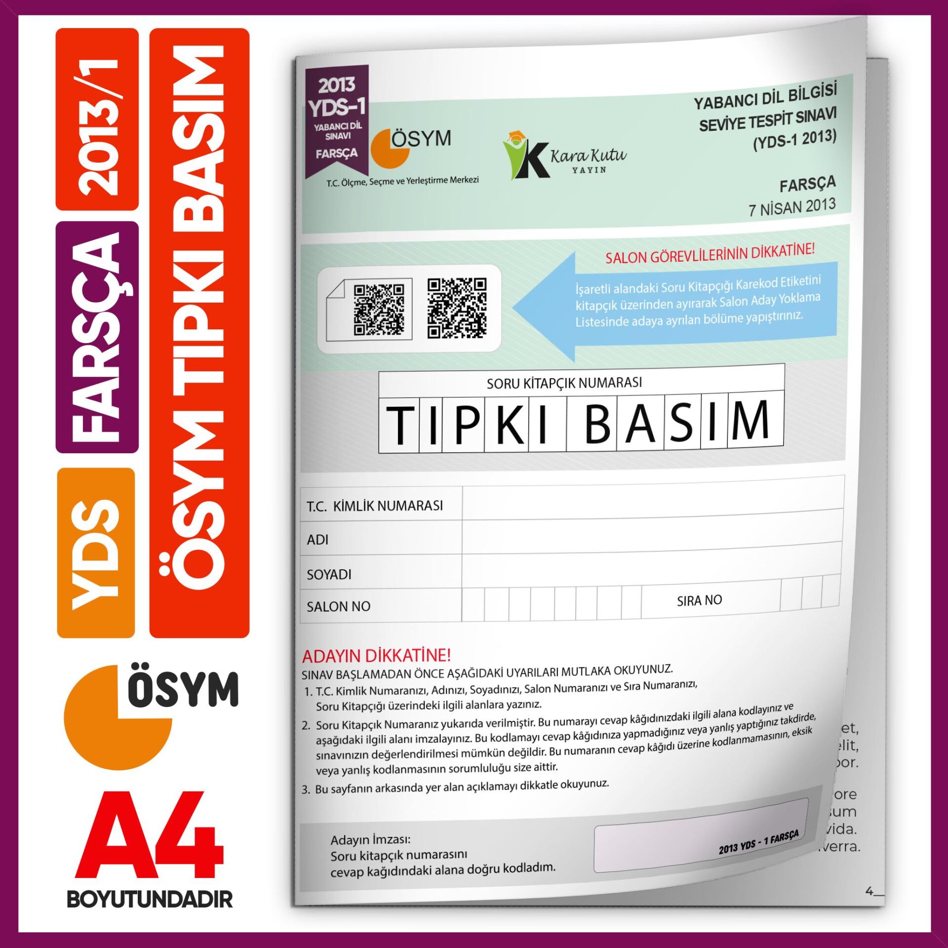 YDS Farsça 2013/1 Yabancı Dil Sınavı ÖSYM Tıpkı Basım Çıkmış Soru Deneme Kitapçığı (e-YDS’ye uygun)