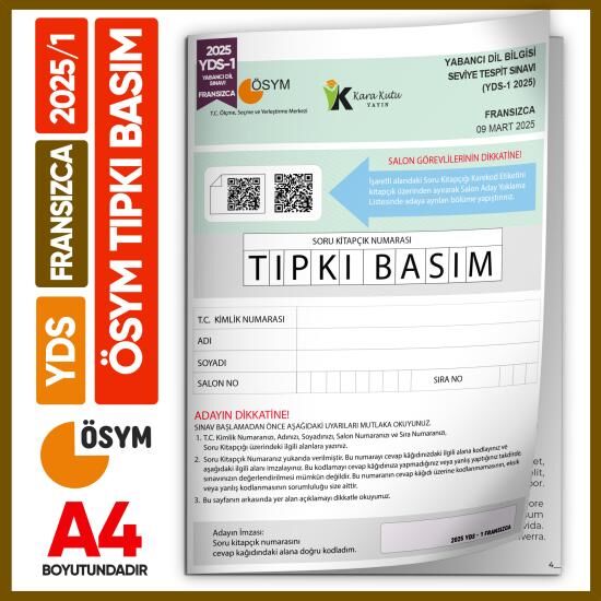 YDS Fransızca 2025/1 Yabancı Dil Sınavı ÖSYM Tıpkı Basım Çıkmış Soru Deneme Kitapçığı (e-YDS uygun)