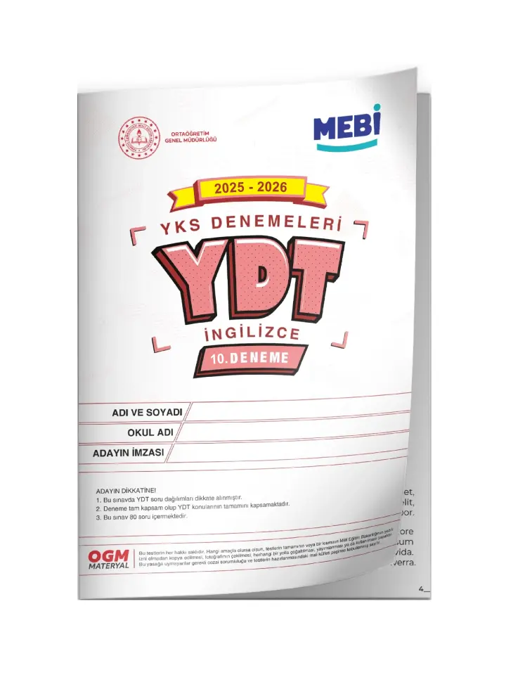 2026 YKS-YDT İNGİLİZCE MEBİ ONLİNE OGM Türkiye Geneli 10. Deneme  Büyük Boy Renkli BASKI ÜCRETİ