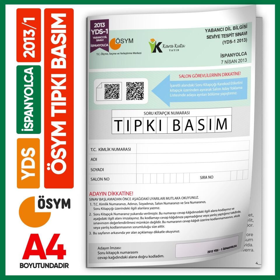 YDS İspanyolca 2013/1 Yabancı Dil Sınavı ÖSYM Tıpkı Basım Çıkmış Soru Deneme Kitapçığı (e-YDS uygun)