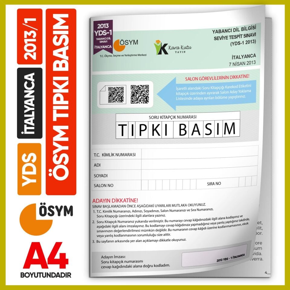 YDS İtalyanca 2013/1 Yabancı Dil Sınavı ÖSYM Tıpkı Basım Çıkmış Soru Deneme Kitapçığı (e-YDS uygun)