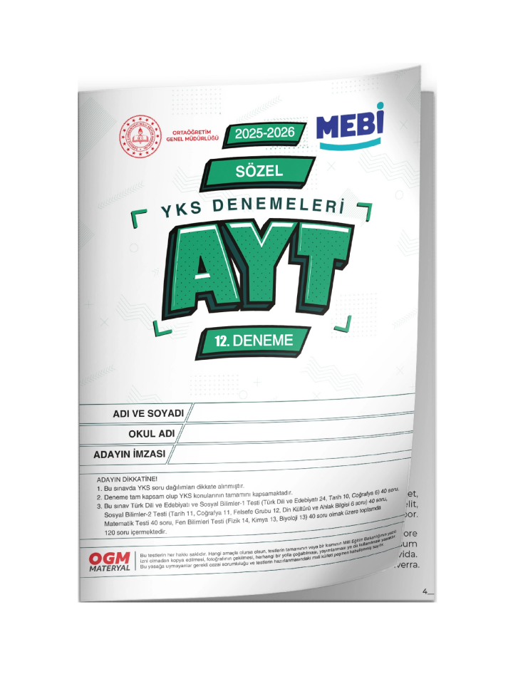 2026 YKS-AYT SÖZEL MEBİ ONLİNE Türkiye Geneli 12. Deneme Büyük Boy RENKLİ BASKI ÜCRETİ Güncel Baskı