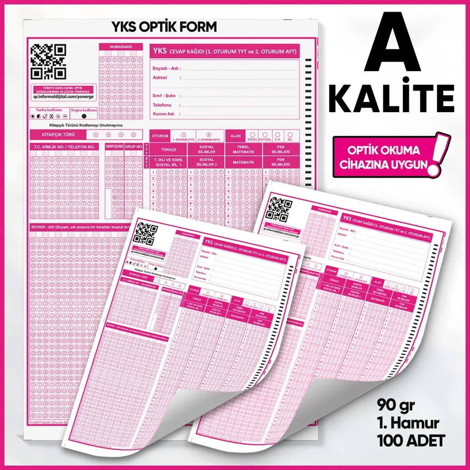 YKS-MSÜ Deneme Sınavları İçin 100 Adet (90.GR) Optik Form - Optik Okuma Uyumlu