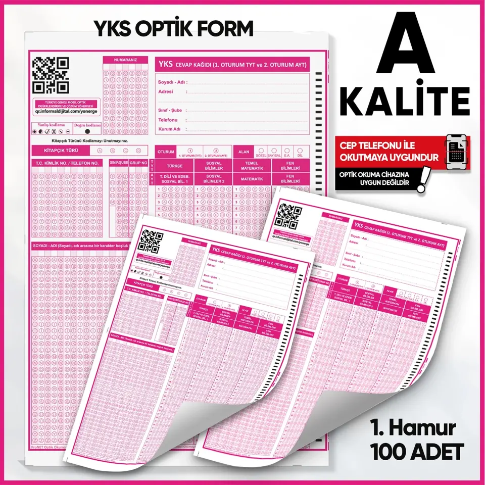 YKS-MSÜ Deneme Sınavları İçin 100 Adet Optik Form