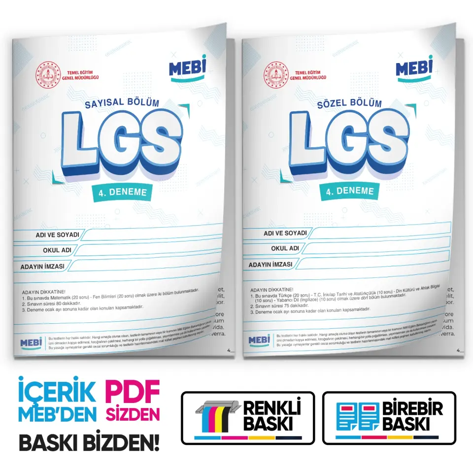2026 LGS 8.Sınıf MEB ONLİNE Türkiye Geneli 4. Deneme (Sayısal–Sözel) Büyük Boy Renkli BASKI ÜCRETİ
