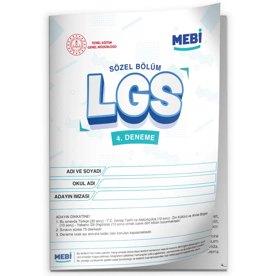 2026 LGS 8.Sınıf MEB ONLİNE Türkiye Geneli 4. Deneme (Sayısal–Sözel) Büyük Boy Renkli BASKI ÜCRETİ