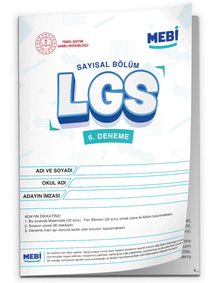 2026 LGS 8.Sınıf MEB ONLİNE Türkiye Geneli 6. Deneme (Sayısal–Sözel) Büyük Boy Renkli BASKI ÜCRETİ