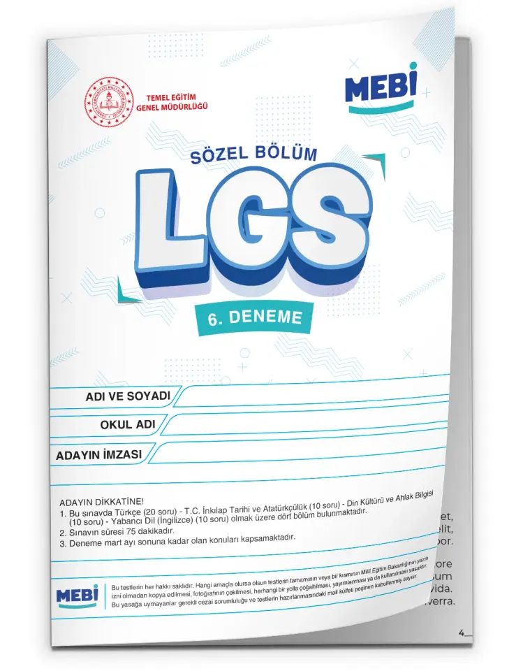 2026 LGS 8.Sınıf MEBİ ONLİNE Türkiye Geneli 6. Deneme (Sayısal–Sözel) Büyük Boy Renkli BASKI ÜCRETİ