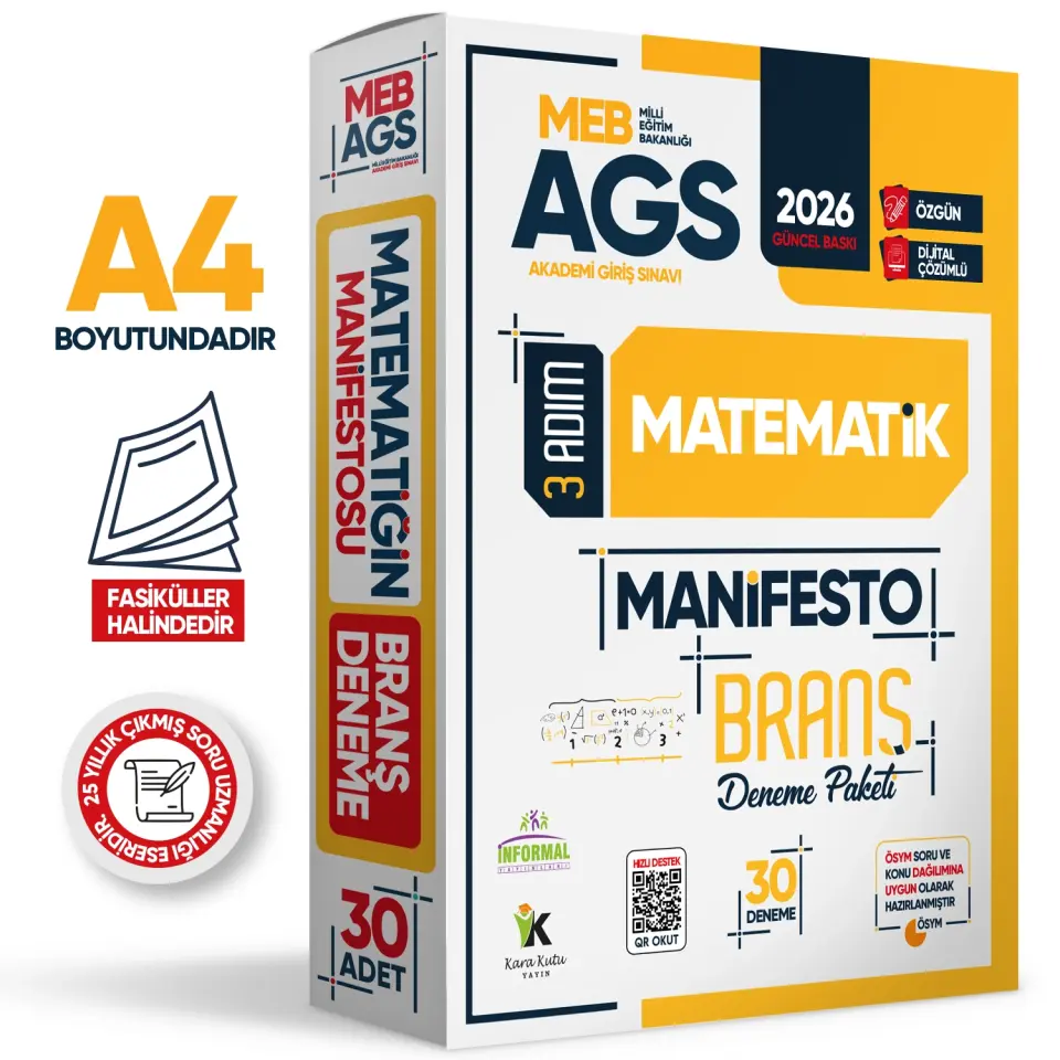 2026 MEB AGS Sayısal Yetenek MATEMATİK 3 Adım Manifesto 30 Adet Branş Denemesi Seti Dijital Çözümlü