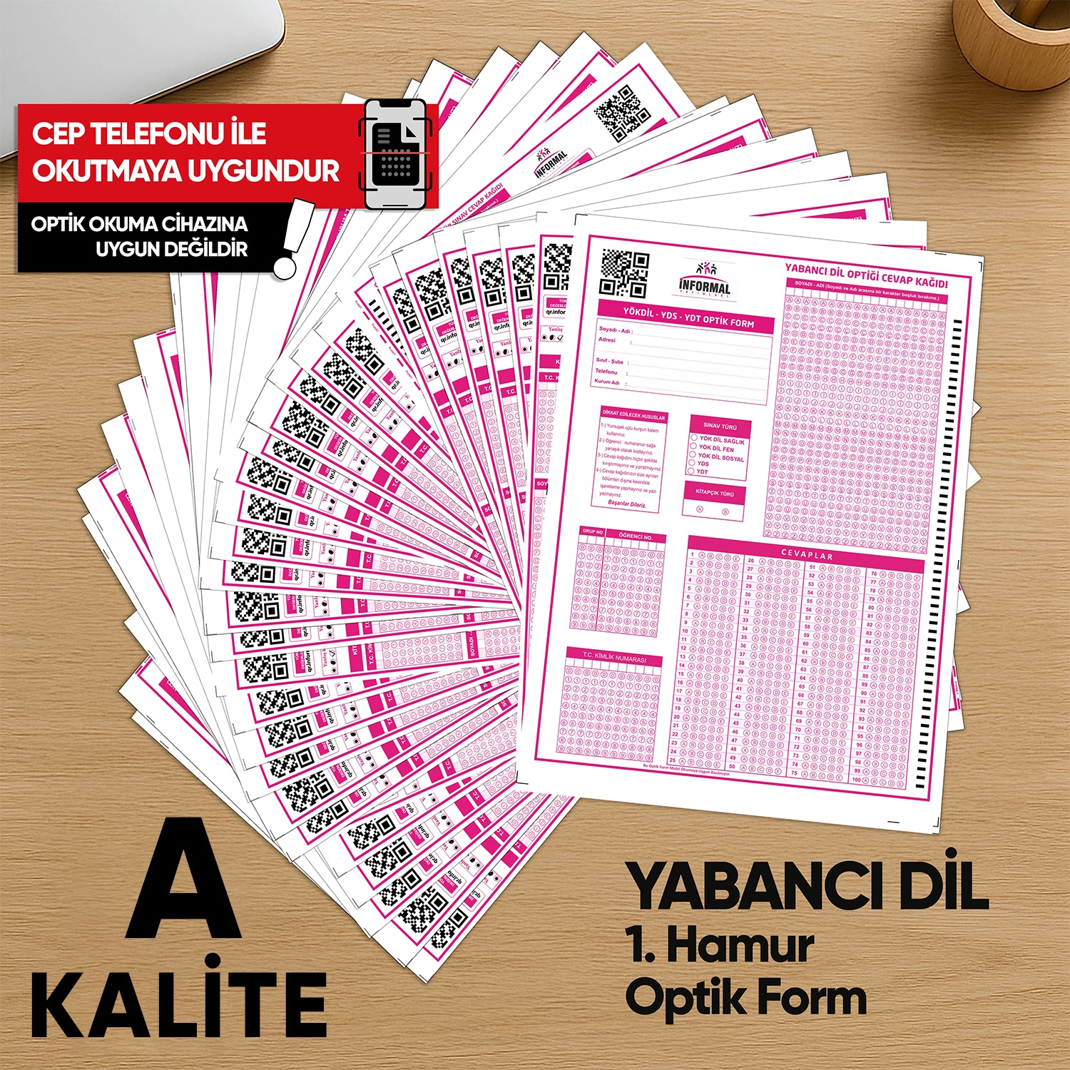 Yabancı Dil (YÖKDİL, YDS ve YDT) Deneme Sınavları İçin 100 Adet (80.GR) Optik Form 