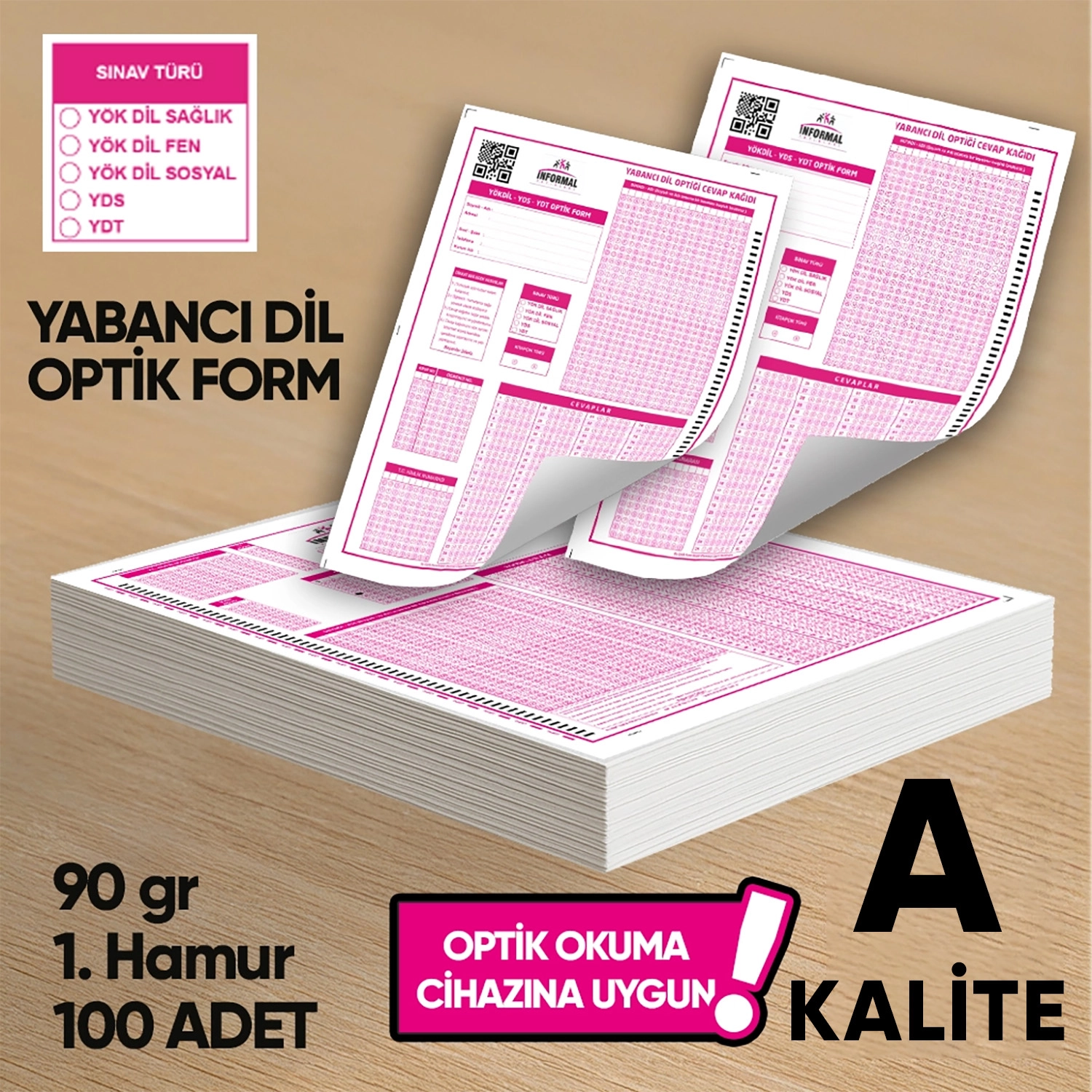 Yabancı Dil (YÖKDİL, YDS ve YDT) Deneme Sınavları İçin 100 Adet (90.GR) Optik Form - Optik Okuma Uyumlu