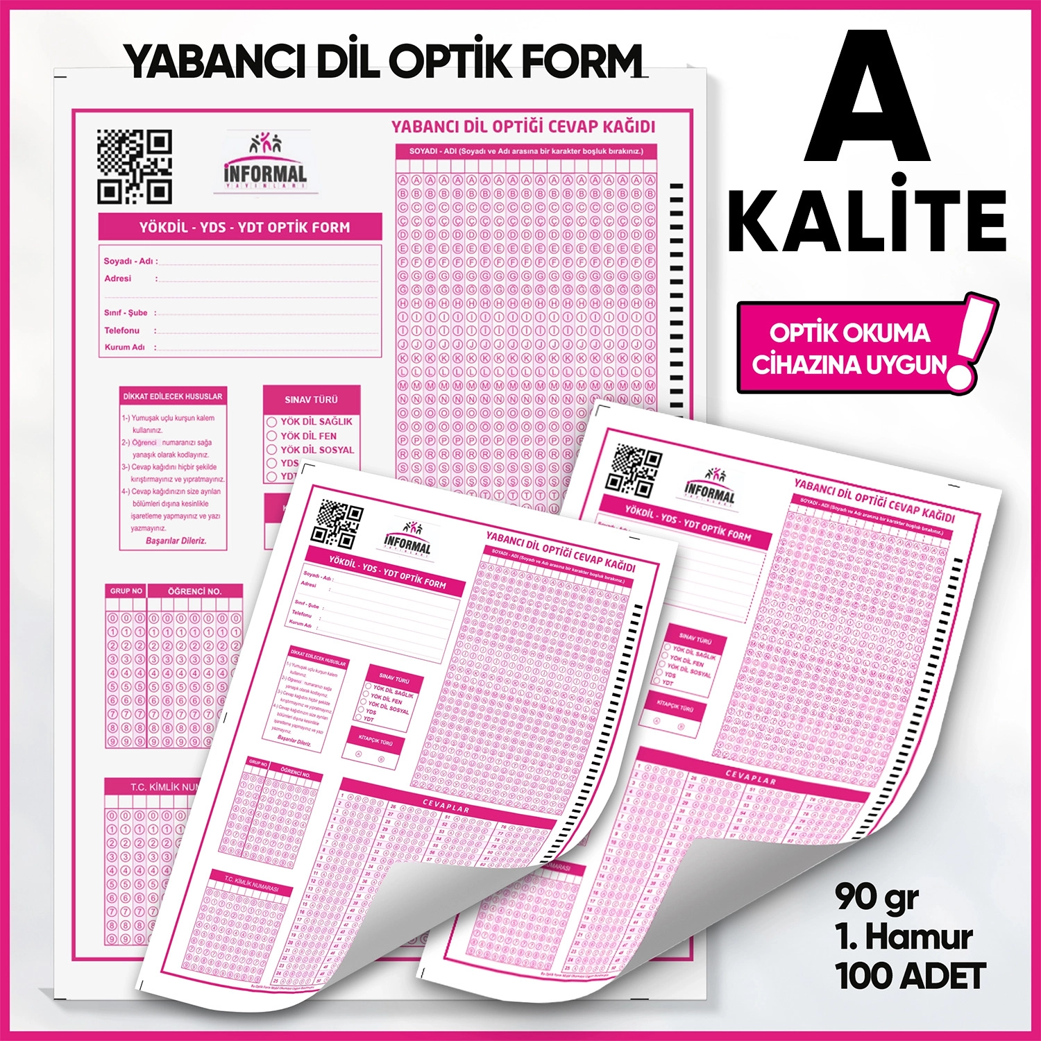 Yabancı Dil (YÖKDİL, YDS ve YDT) Deneme Sınavları İçin 100 Adet (90.GR) Optik Form - Optik Okuma Uyumlu