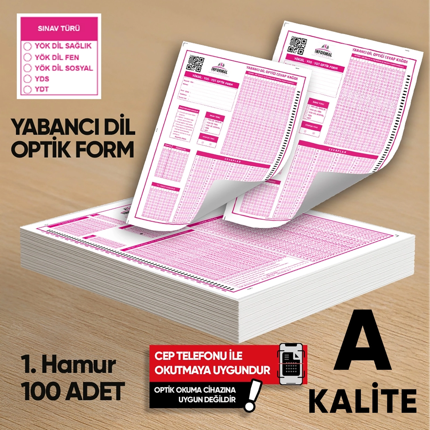 Yabancı Dil (YÖKDİL, YDS ve YDT) Deneme Sınavları İçin 100 Adet (80.GR) Optik Form 